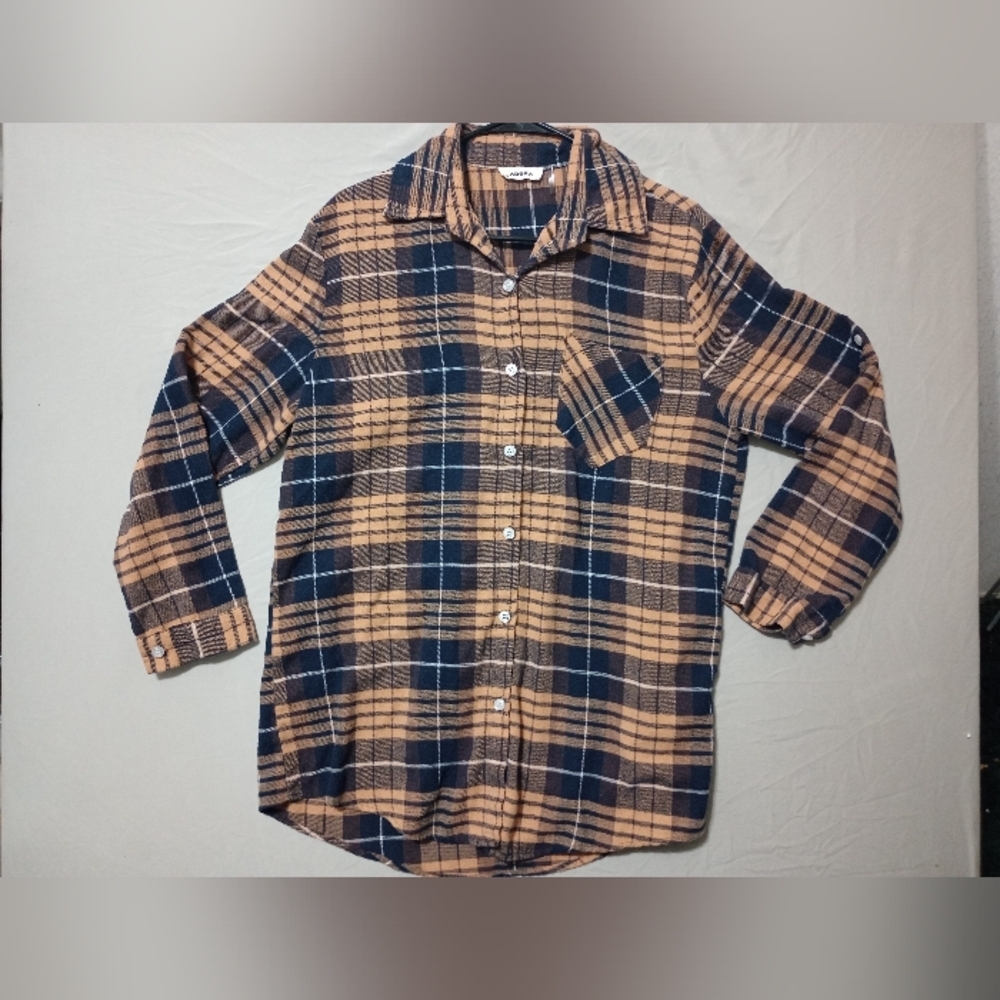 Adora Chocolate Brown Plaid Flannel Button Down Shacket Top Women's sz L Boho